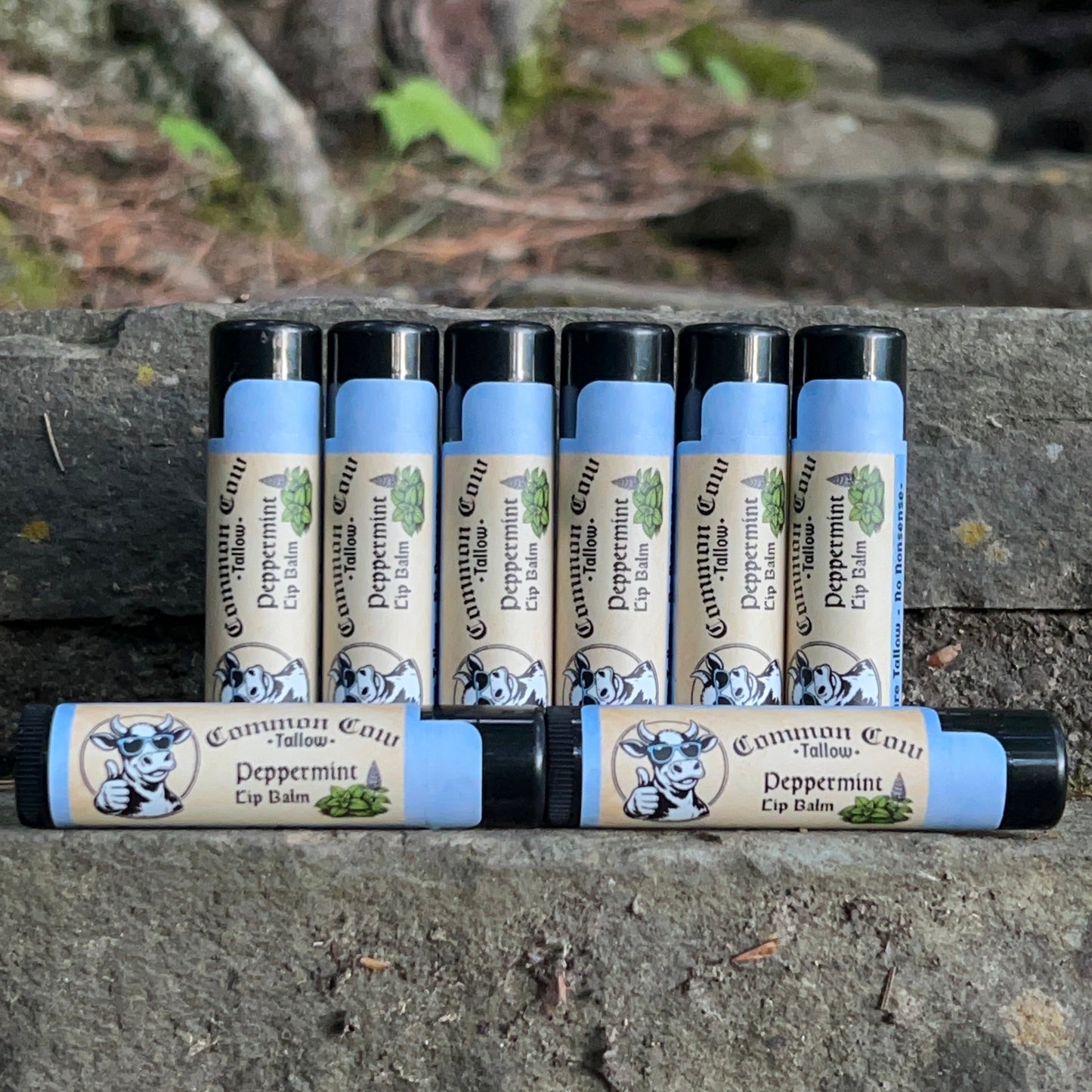 Set of lip balm tubes with visible branding against a stone wall background