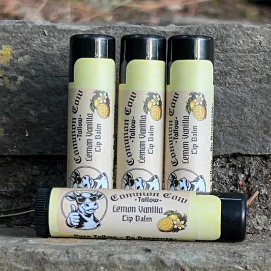 Four lip balms with visible branding on a stone surface