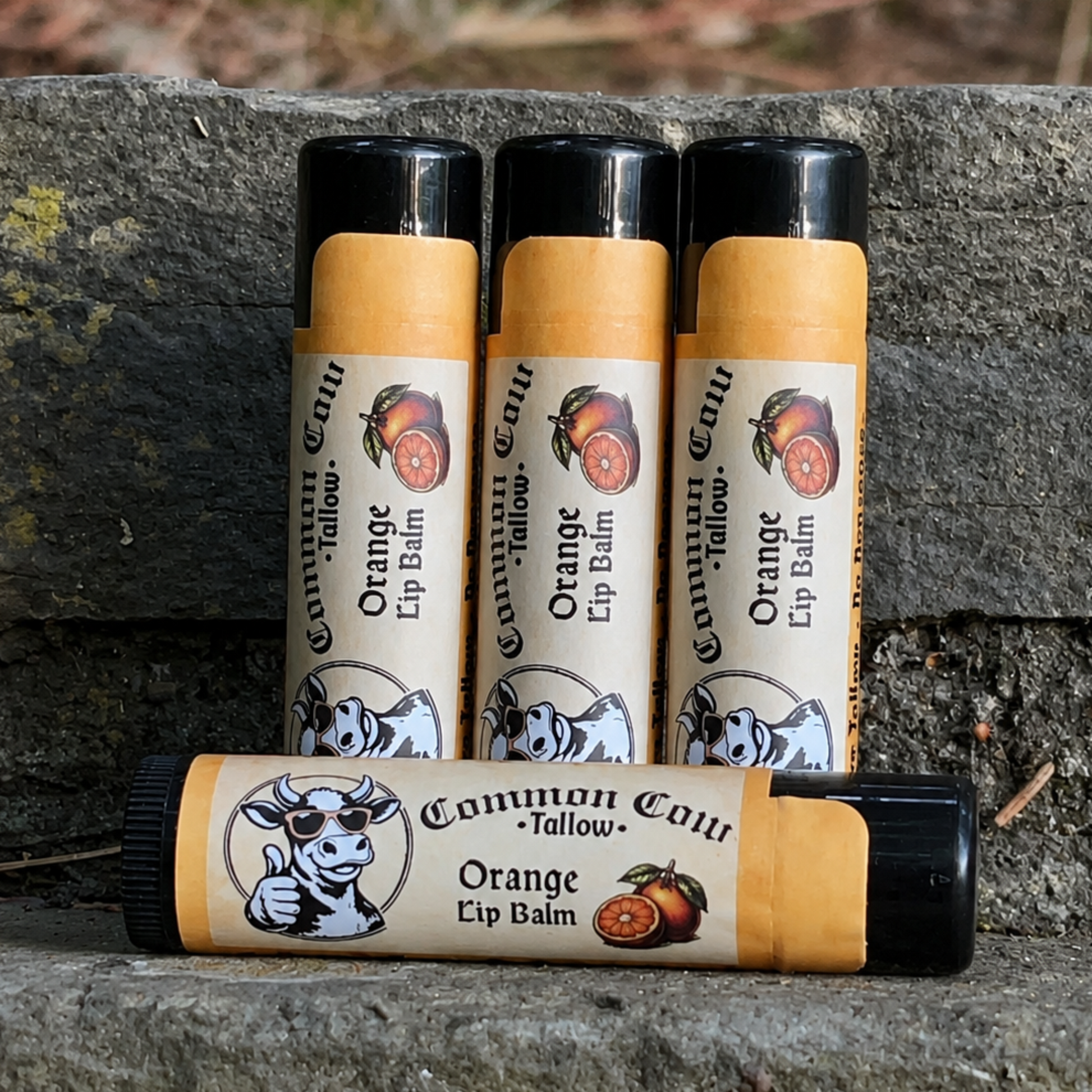 Four lip balms with visible branding on a stone surface.