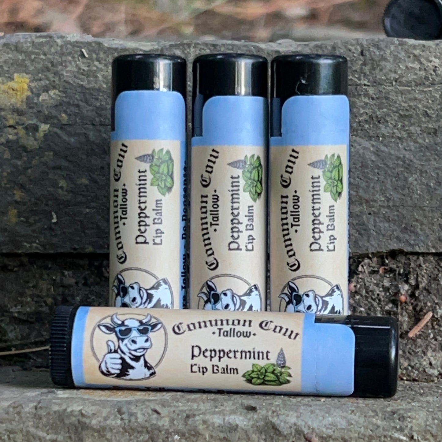 Four lip balms with visible branding on a textured surface.