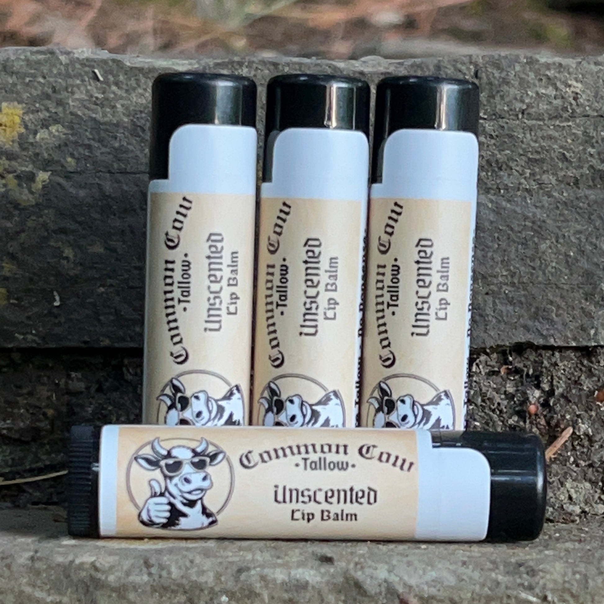 Four lip balm tubes with labels on a stone surface